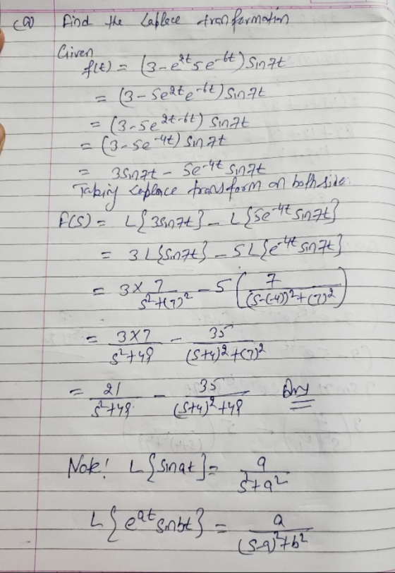 35nat-se-ht find the tablece from formation Given f(t) = (3-estrebt) Sinat (3-5ehte bt) Sinat = (3.5e atrbt) Sinat (Base 4t)
