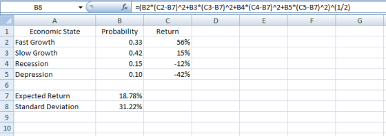 B8 fx =(B2*(C2-B7)^2+B3*(C3-B7)^2+B4*(C4-B7)^2+B5*(C5-B7)^2)^(1/2) А 1 Economic State 2 Fast Growth 3 Slow Growth 4 Recession