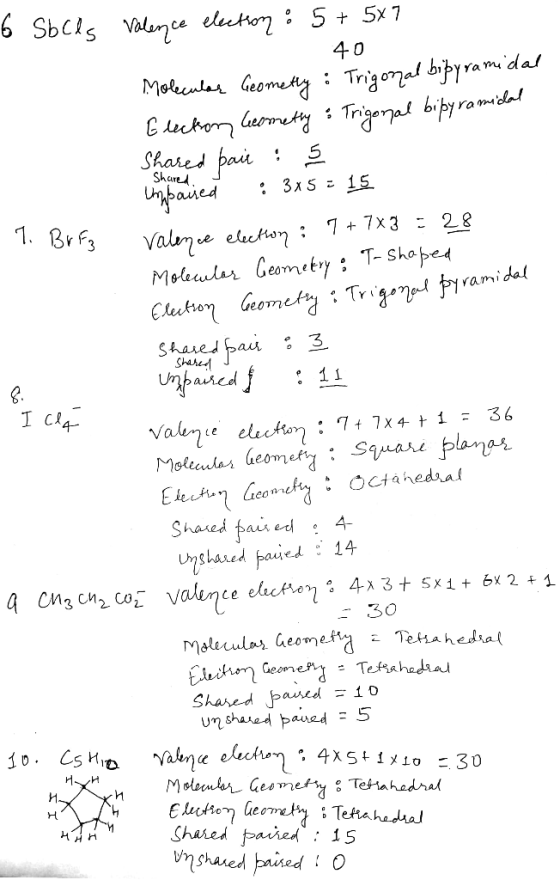 Share J 1. BrF3 6 Solls Valence election : 5 + 5x7 40 Molecular Geometry : Trigonal bibyramidal Electron Geometry : Trigonal
