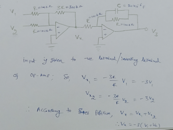 R = look of 3R =Books c=20x106 p=100kr w R=100kn 1 + input e given to ve terminal, terminal :. According to Super Position, x