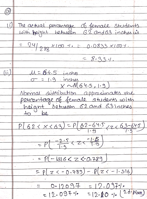 @ [)| The actual percentage ots female Students with height between 62 and 63 inches is 244288 xloo ole 0.08.33 X 100 Y, = 8.