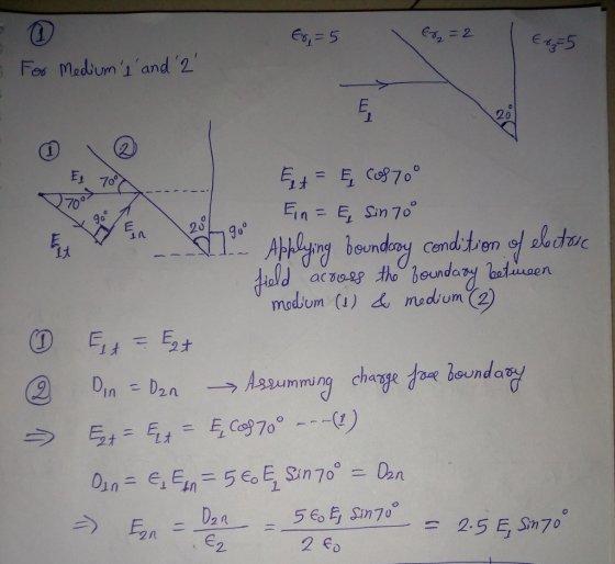 6,- 5 20 70° Ein= E, Sin 70 g0 2819 s/c ìメ ind bour mdium (a) medum2 Dın-D2n →Assumming cha?R taap Bounda64 @ D2 a 2