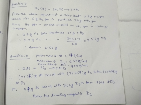 Question - 7 - Nz (g) + 3H₂(g) 2NH3 from the above equation it is clear that 28g Na gas reacts with 6 g Hz gas to produce 34