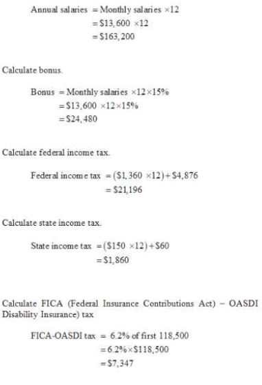 Annual salaries = Monthly salaries x12 = $13.600 x12 = $163,200 Calculate bonus Bonus = Monthly salaries x12x15% = $13,600 x1