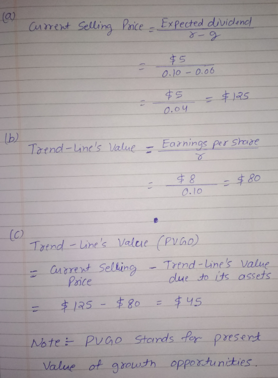 I current Selling Price - Expected dividend - r-g $5 0.10 - 0.06 $5 – $125 0.04 (b) Trend-lines Value - Earnings per share $