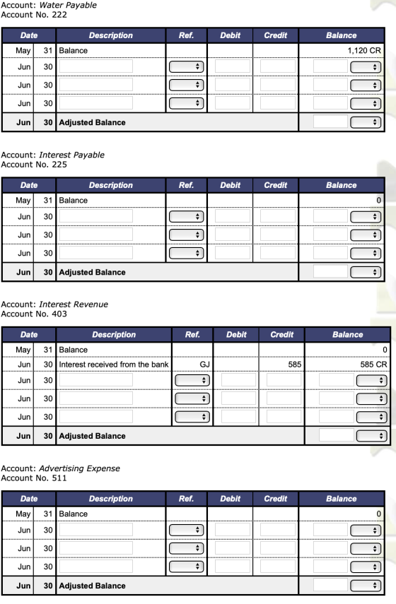 Account: Water Payable Account No. 222 Date Description Ref. Debit Credit Balance May 31 Balance 1,120 CR Jun 30 Jun 30 Jun 3