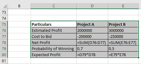 B с D E 73 74 75 76 77 Particulars Project A Project B Estimated Profit 2000000 3000000 Cost to Bid -200000 |-250000 Net Prof
