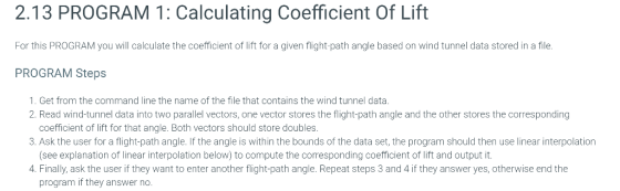 2.13 PROGRAM 1: Calculating Coefficient Of Lift For this PROGRAM you will calculate the coefficient of lift for a given fligh