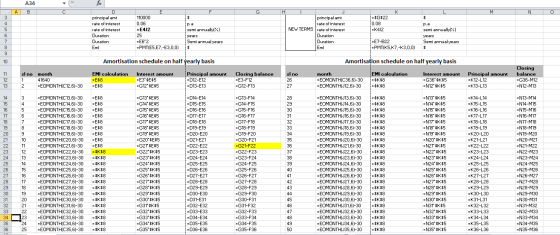 A34 A B C F G H I K L M N O W E 110000 0.06 =E412 25 -E62 =PMT(E5,E7,-E3,0,0) principal amt rate of interest rate of interes