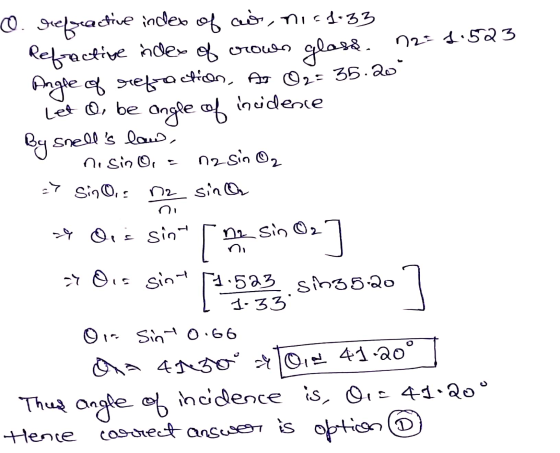 nisino, a ni O refractive indeo of cist, nic4-33 Refractive index of crows glass. n2= 1.523 Angle of refa ticon, As 02= 35.20