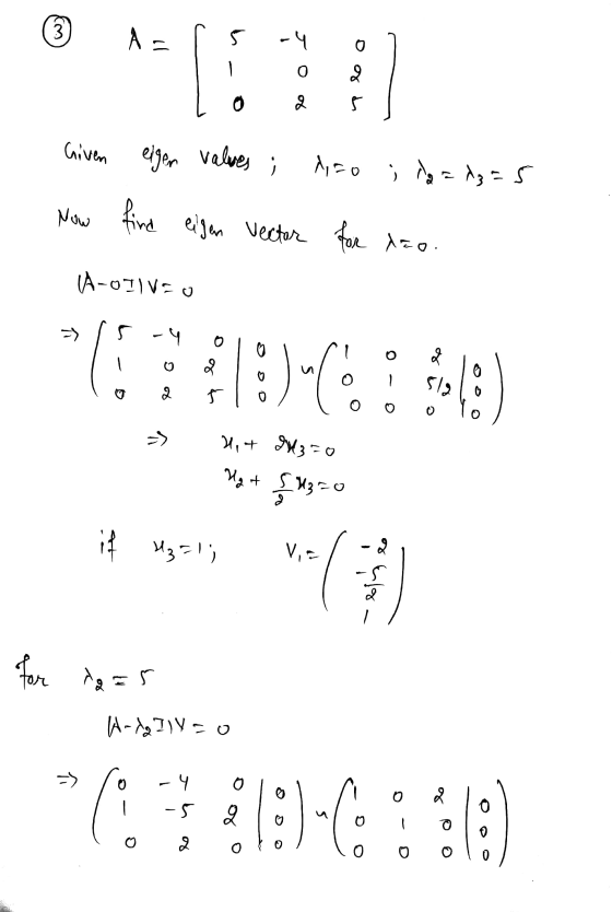 cm A 5 -4 . o 0 og of F Given eigen valores 1,50 ; la = d;=5 Now find eigen vector for Azo A-OIVO 5 -4 2 Duco 512 Q f >> 25+