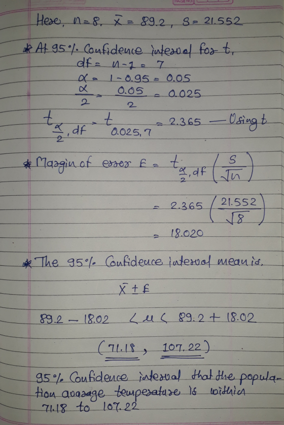 PAGE NO. Hese, n = 8 x = 89.2 8 = 21.552 at At 95% Confidence internal for t df = nga 7 1-0.95 = 0.05 a 0.05. - 0.025 na 2.36