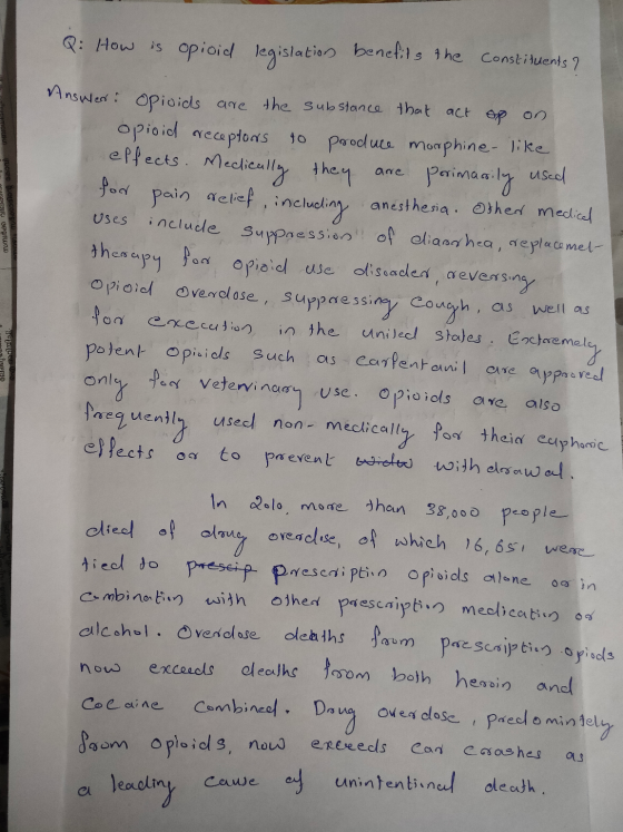 Q: How is opioid legislation benefits the constituents ? കാരിന് കാവി ഗണാധിപLT സമ്പർക്ക വിലക്കിയ , Ansulen: Opioids are the su