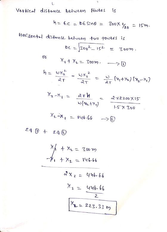L Vertical distance between Towers is h = EC = DE Sino = 3oox 1/20 = 15m. Horizontal distance between two towers is =/300²_15