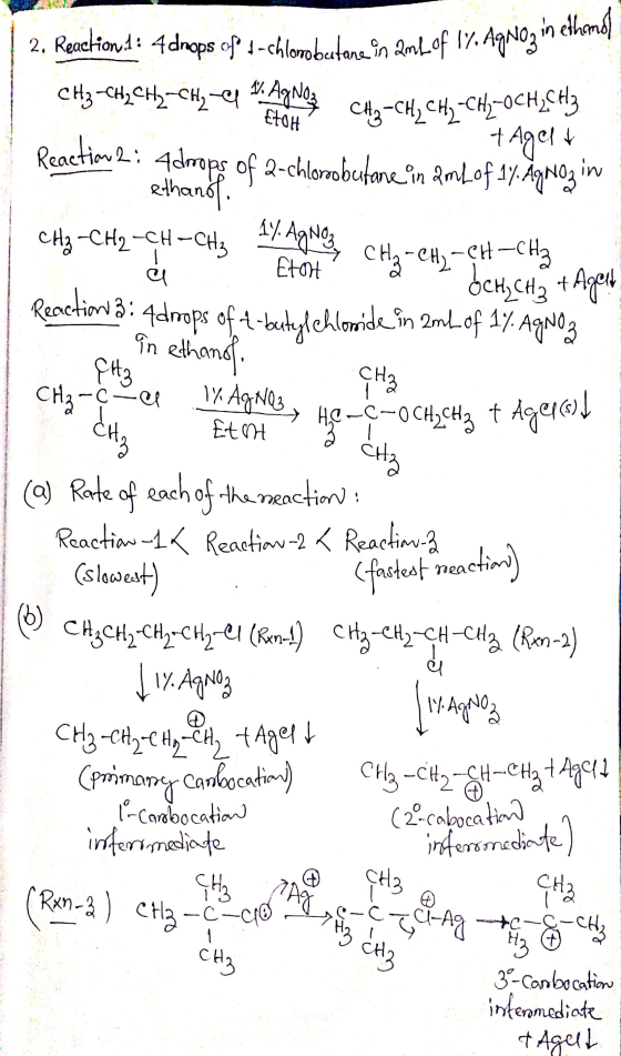 19 mol 2. Reaction1: 4 drops of 4-chlorobetane in 2mL of 17 AgNO3 in eine CH3-CH2 CH2-CH2-4 %. Agnose tot CH ₂ -CH₂ CH₂ - CH2