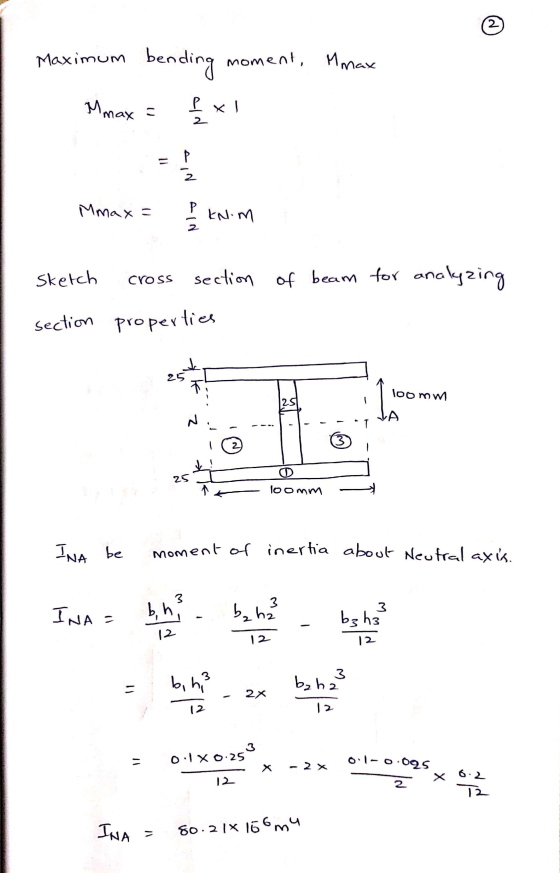Maximum bending moment, max - Mmax = L xl Mmax= P knom sketch of beam for analyzing cross section properties section Ik loomm