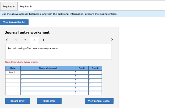 Required A Required B Use the above account balances along with the additional information, prepare the closing entries. View