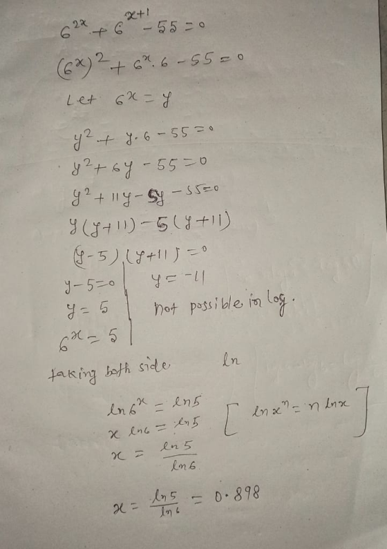 X+1 622 + 6 - 550 (63)2+69.6-5520 Let 6x=y y?+ 4.6-5520 y2+by - 55=0 Y ² + 114-54-550 Y (+11) - 5 (4+11) 4-5) 14+117= - 500 y