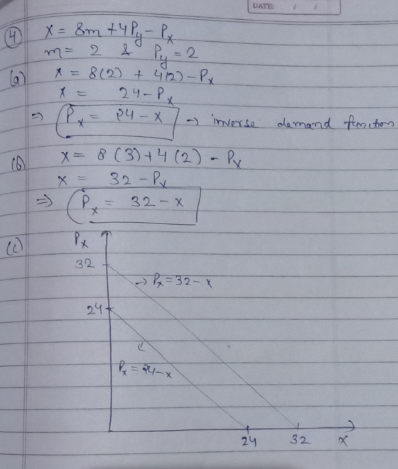 DATE: 4 x = 8m +4Py - Py m= 2 & pe = 2 a = 8 (2) + 412)-P x = 24-Px - (P x = 84-X / a) inverse x = 8 (3) +4 (2) apr x = 32 -