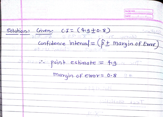 PAGE NO DATE!. = (ft marginaEri). Confidence intenval pt margin of Eaor , point estimate fig