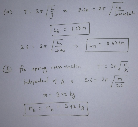 (a) T: 25 26 27 home TLE = 1.68 m 2.6 = 20 5 0.6047 6 for spring mass-systen, T = 20 m independent of g 2.6= 25 m M = 3.42 kg