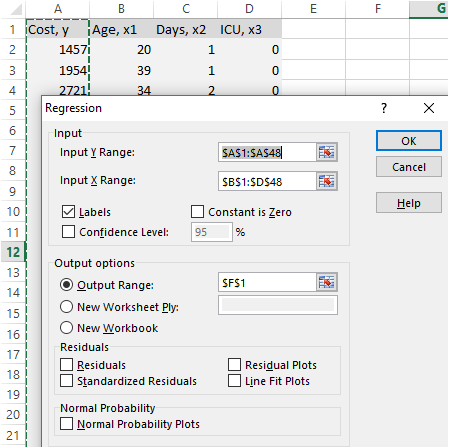 C D Days, x2 ICU, x3 1 A B 1 Cost, y Age, x1 14571 20 1954 39 2721! 34 Regression ? X Input Input Y Range: Гок SAS1:5A548 Can