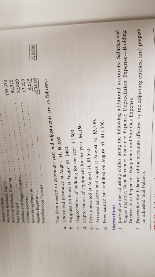 Unearned Rent .193,370 42,375 Marlene Rowland, Drawing 2 Fees Earned Utilities Expense Repairs Expense.... 6,075 750,000 750,000 Miscellaneous Expense The data needed to determine year-end adjustments are as follows: a. Unexpired insurance at August 31, $6,000. b. Supplies on hand at August 31, $480 c. Depreciation of building for the year, $7,500. d. Depreciation of equipment for the year, $4,150. e. Rent unearned at August 31, $1,550. f. Accrued salaries and wages at August 31, $3,200. g. Fees earned but unbilled on August 31, $11,330. Instructions 1. Journalize the adjusting entries using the following additional accounts: Salaries and Wages Payable; Rent Revenue; Insurance Expense; Depreciation Expense-Building Depreciation Expense-Equipment; and Supplies Expense. 2. Determine the balances of the accounts affected by the adjusting entries, and prepare an adjusted trial balance.