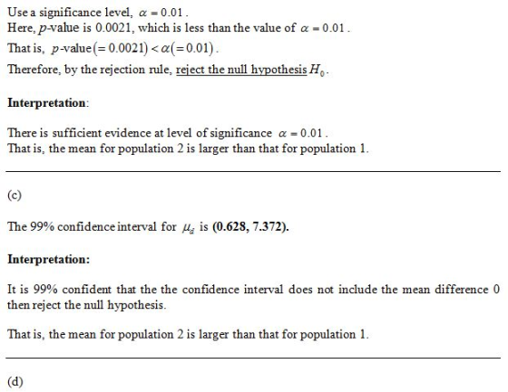Use a significance level, α-001 Here, p-value is 0.0021, which is less than the value of α-0.01. That is, p-value(-0.0021)-α(