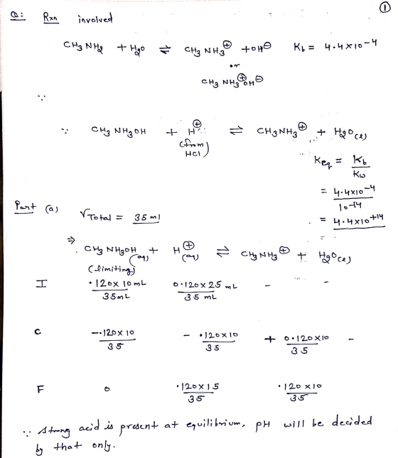 a: Rxn involved 3 H + Hugo Ĉ CHE NH +040 Kb = 4.4*10-4 cHa NH, HĐ Chy NHg OH H Aਲ ਆ । CH3NH2 + He owes Hol Kw Part (as total