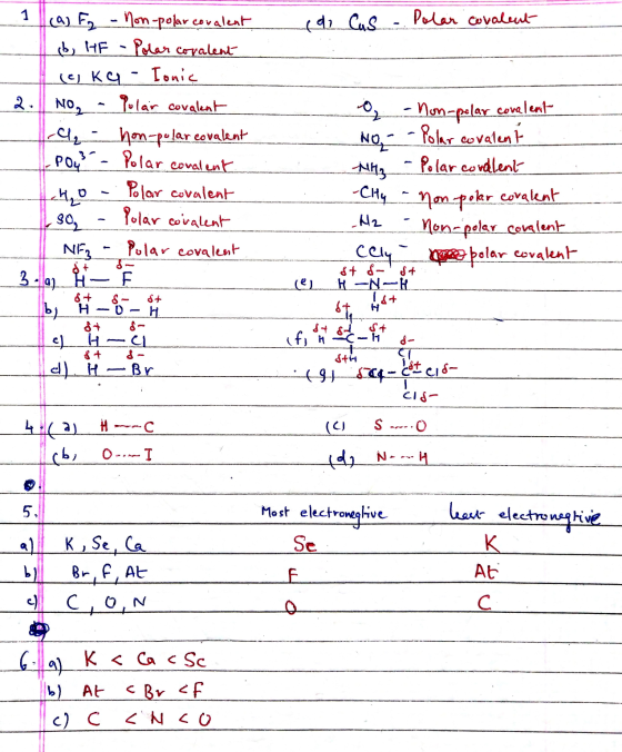 do Cus Polar covalent La F - non-polar covalent b, HF - Polar covalent (eky - Ionic NO, - Pular covalent - - hon-pular covale