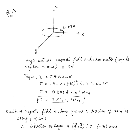 x 2.14 Iz 1.9 A No y Angle between magnetic field and area vector (towards negative a aris) is 90° Torque ,TI A B sin o 109x7