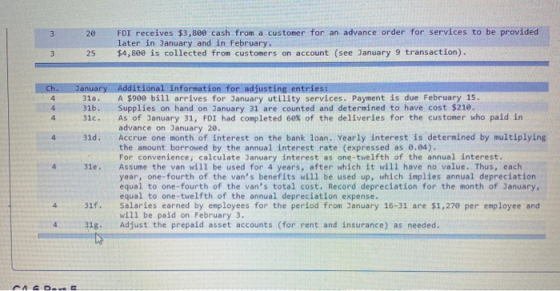 3 20 FDI receives $3,800 cash from a customer for an advance order for services to be provided later in January and in Februa