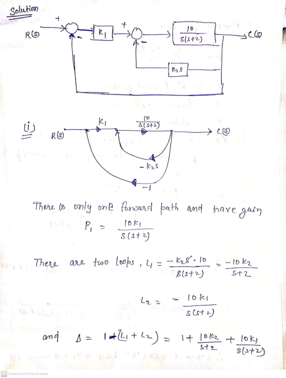 Solution 7 RS) ki 10 S(5+2) Yes KS ki S[s+2) lle R9 - kas There is only one forward path and have gain pi loki Sist 3) There