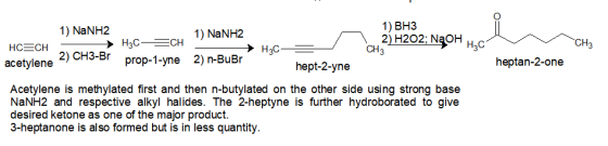 1) ВНЗ 2) Н202; NaOH н,с CH3 1) NaNH2 1) NaNH2 CH3 > Нас ——СH НСCH Нас 2) CH3-Br prop-1-yne 2) n-BuBr heptan-2-one acetylene