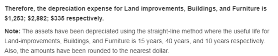 Therefore, the depreciation expense for Land improvements, Buildings, and Furniture is $1,253; $2,882; $335 respectively. Not