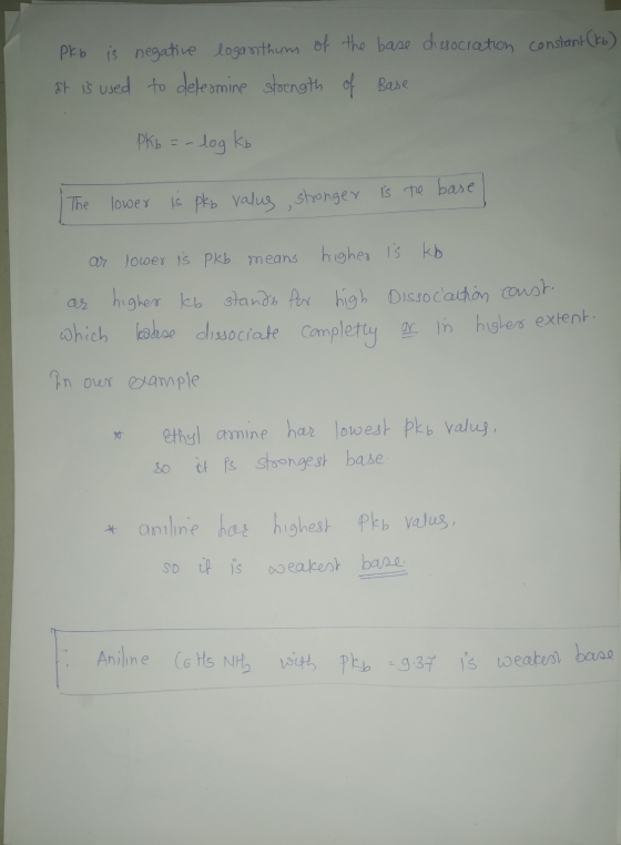 pkb is negative logarithum of the base dissocration constant (ko) at is used to determine strength of Base PKb = -log kb The