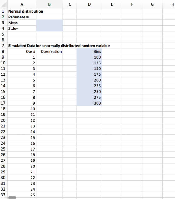 1 Normal distribution 2 Parameters 3 Mean 4 Stdev 7 Simulated Data for a normally distributed random variable Bins 100 125 150 175 200 225 250 275 300 Obs # Observation 10 12 13 14 15 16 17 18 19 20 21 10 12 23 24 25 26 27 28 29 30 31 32 13 14 15 16 17 18 19 20 21 23 24 25