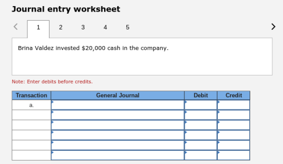 Journal entry worksheet 4 Brina Valdez invested $20,000 cash in the company. Note: Enter debits before credits. Transaction General Journal Debit Credit a.