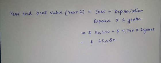 Year end book value (year 2) = Cost - Deprecation, Expeмe x2 4eak = $ 8o, boo - $ -1, 760 х 2 челъs - + 6S,680