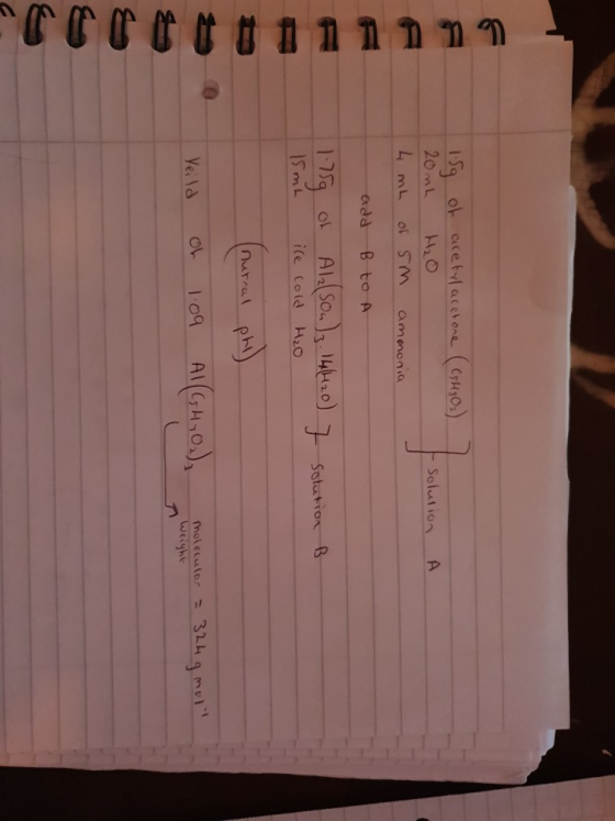 E solution A O 1 1 1 19 15g of acetyl acetone (CH3O₂). 20nh H₂O 4 mL of 5m ammonia add B to A 1.75g of Al2(SO4)3. 14420) 15mL