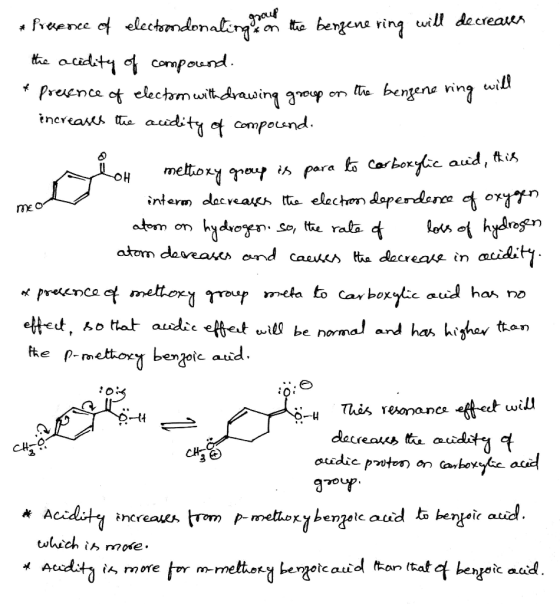* Presence of electodonalinger on the bengene ring will decreases the acidity of compound. * presence of electron with drawin