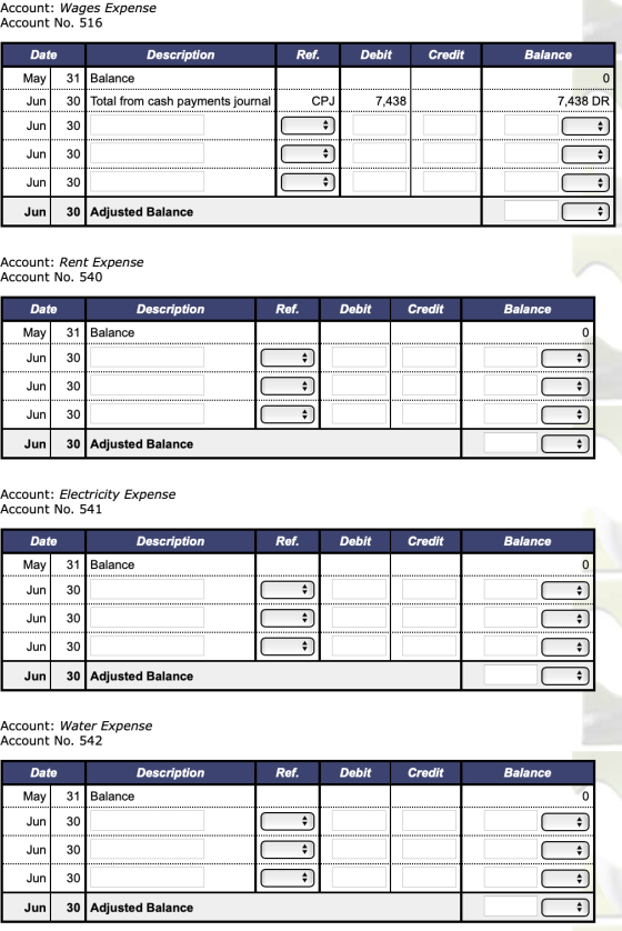 Account: Wages Expense Account No. 516 Date Description Ref. Debit Credit Balance May 31 Balance 0 Jun 30 Total from cash pay
