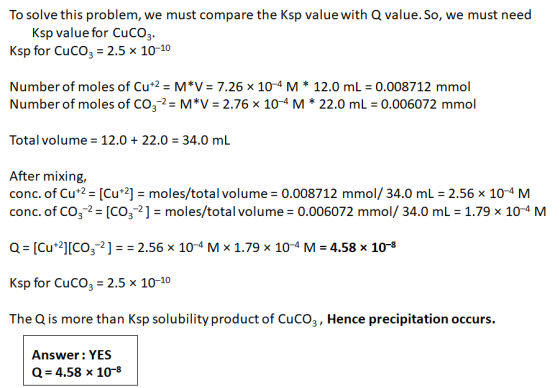 To solve this problem, we must compare the Ksp value with Q value. So, we must need Ksp value for CuCoz. Ksp for Cuco, = 2.5