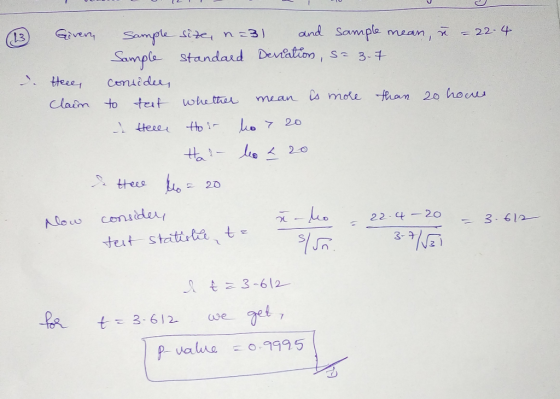 13 Givery Sample size, n=31 and sample mean, n = 22-4 Sample standard deviation, s= 3.7 Here consider Claim to test whether m