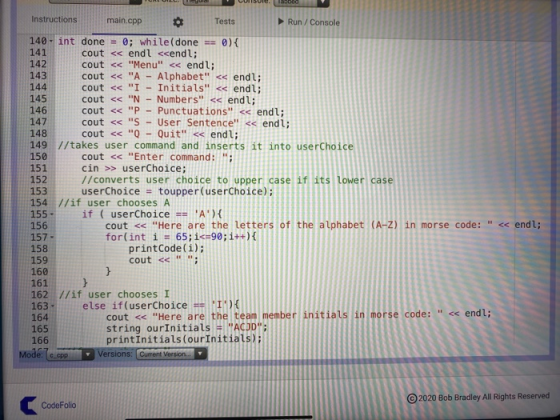 od Instructions main.cpp Tests Run / Console 140 - int done = 0; while( done 0) { 141 cout << endl <<endl; 142 cout << Menu