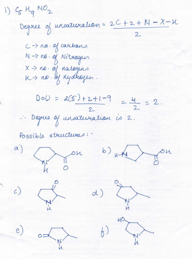 i) се на то, Degree of wraturation 2C +2 + N - X- (- no. of carbaus N->no. Nitrogen X->no. Kalagens -) ию. шаршарал Dob = z(6