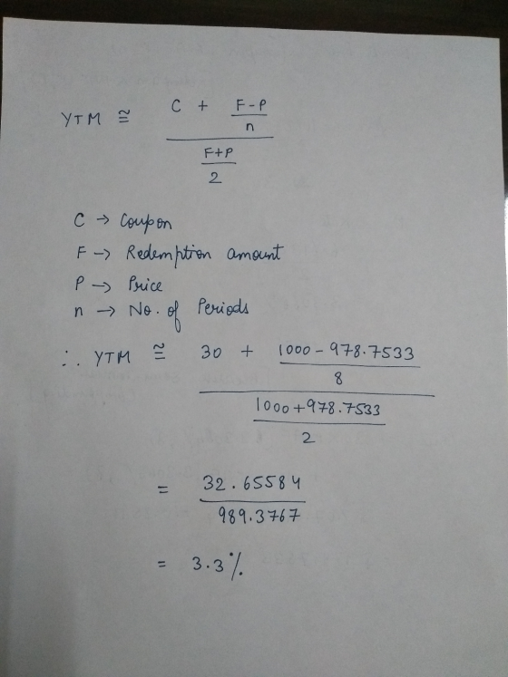C + YTM F-P n FAP C - Coupon F - Redemption amount Pa) Price n No. of Periods : YTM Ž 30 + 1000-978.7533 1000+978.7533 32.655