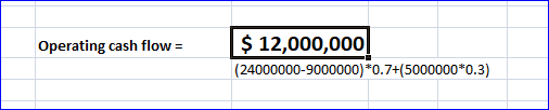 Operating cash flow= Operating cash flow = $ 12,000,000 (24000000-9000000) *0.7+(5000000*0.3) $12,00,000