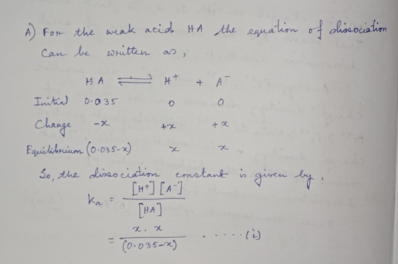 dissociation A for the weak acid HA the equation of can be written as HA A & A Initial 0.035 0 0 Change x x x Equilibrium (0.