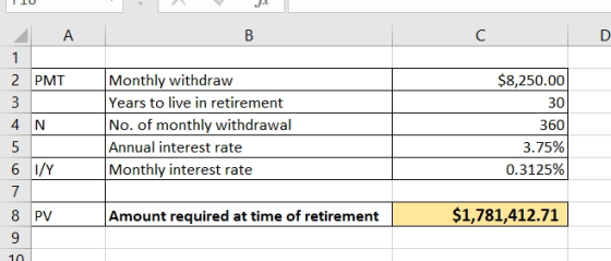110 A 1 2 PMT 3 4 N 5 6 1/4 Monthly withdraw Years to live in retirement No. of monthly withdrawal Annual interest rate Month